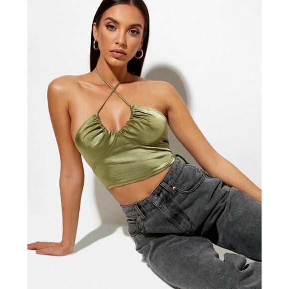 Urban Outfitters Tops - Urban Outfitters Motel Green Satin Silk Sleeveless Cami Camisole Crop Top Size S